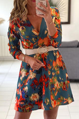 Green Abstract Print V Neck Puff Sleeve A-line Dress