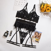 Popular Complex Craft Lace Feather Lace Embroidered Underwear Criss Cross Three-Piece Set for Women