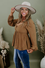 Khaki Plus Size Sweetheart Neck Long Sleeve Peplum Blouse