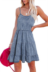 Sky Blue Adjustable Straps Tiered Ruffle Denim Dress