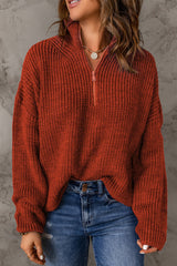Red Zipped Turtleneck Drop Shoulder Knit Sweater