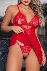 Red Sweet Heart Embroidered Mesh Splicing Babydoll Set