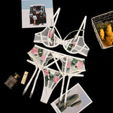 Women Wear Classic Embroidery Heavy Craft Lace Mesh Underwear Gathered Three Piece Set