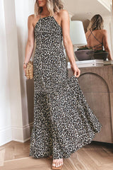 Leopard Halter Neck Strappy Tie Back Maxi Dress