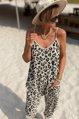 Leopard Spaghetti Straps Side Pockets Loose Fit Jumpsuit