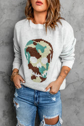 White Camo Skull Pattern Loose Knit Sweater