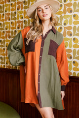 Brown Oversized Colorblock Crinkle Textured Shirt Dress