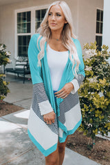 Sky Blue Loose Fit Stripe Colorblock Cardigan
