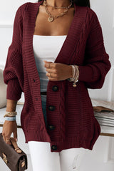 Wine Red Buttons Front Textured Knit Cardigan