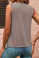 Khaki Pleated Front Notched Neck Sleeveless Top