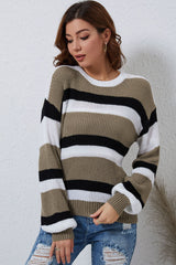 Gray Striped Colorblock Pattern Knit Sweater