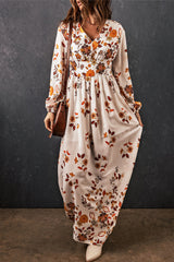 Yellow Leaf Print V Neck Puff Sleeve Maxi Dress