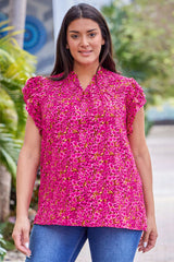 Rose Floral Print Ruffle Sleeve Plus Size Shift Top