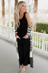 Stripes Mixed Stripes Pocketed Split Long Cardigan