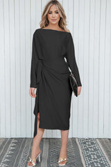Black Satin Wrap Tie Side Boat Neck Long Sleeve Dress