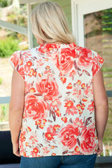 Red Plus Size Watercolor Floral Print Frill Neck Blouse