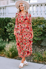 Red Frilled Collar Long Sleeve Tiered Maxi Floral Dress