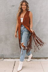 Brown Faux Suede Cowgirl Fringed Sleeveless Long Cardigan