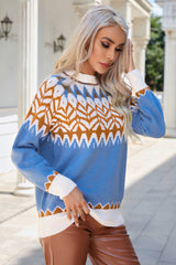 Blue Geometric Print Ribbed Trim Sweater