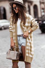 Khaki Plaid Pattern Ribbed Trim Long Cardigan