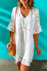 White Textured Pom Pom Trim V Neck Mini Dress