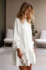 White Solid Color Puff Sleeve Ruffle Hem Mini Dress