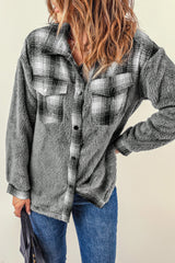 Gray Plaid Patchwork Buttoned Pocket Sherpa Jacket