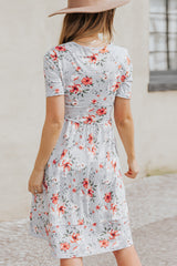 Striped Flower Short Sleeve Flowy Midi Dress