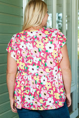 Rose Floral Round Neck Flutter Sleeve Plus Blouse