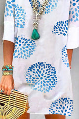 White Abstract Dandelion Print Half Sleeve Dress