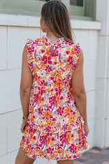Red Ruffle Trim Tiered Sleeveless Floral Mini Dress
