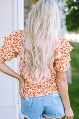 Orange Floral Tiered Flutter Sleeve Blouse
