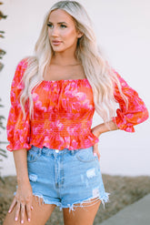 Orange Floral Puff Half Sleeve Square Neck Smock Peplum Blouse