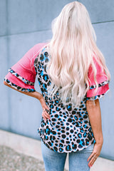 Layered Ruffle Sleeves Patchwork Leopard Print Blouse