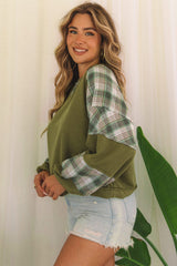 Green Plaid Patch Waffle Knit Exposed Seam Bubble Sleeve Top