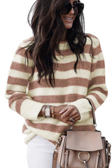 Brown Striped Round Neck Casual Sweater
