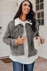 Gray Corduroy Sherpa Snap Button Flap Jacket