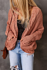 Pink Chunky Knit Solid Cardigan with Pocket