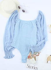 Sky Blue Solid Swiss Dot Ribbed Puff Sleeve Bodysuit