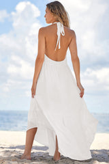 White Halter Neck Deep V Backless Asymmetric Maxi Dress