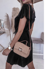 Black Lace Crochet Drawstring High Waist Mini Dress