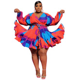 Plus Size Printed V-neck Sexy Woven Large Swing Dress with Belt Women Dress