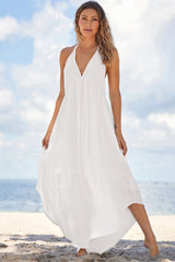 White Halter Neck Deep V Backless Asymmetric Maxi Dress