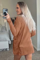 Brown Waffled Knit Thumb Sleeve Pocketed Cardigan