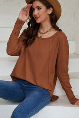 Brown Waffle Knit Splicing Buttons Long Sleeve Top