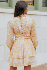 Yellow V Neck Long Sleeve Tiered Floral Dress