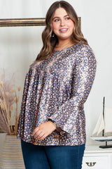 Purple Floral Print Round Neck Plus Size Babydoll Blouse