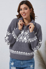 Gray Western Geometric Printed Quarter Zip Pullover Sweater