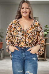Multicolor Plus Size Floral V-Neck Long Sleeve Blouse
