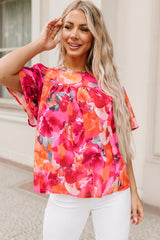 Red Floral Print Wide Sleeve Blouse